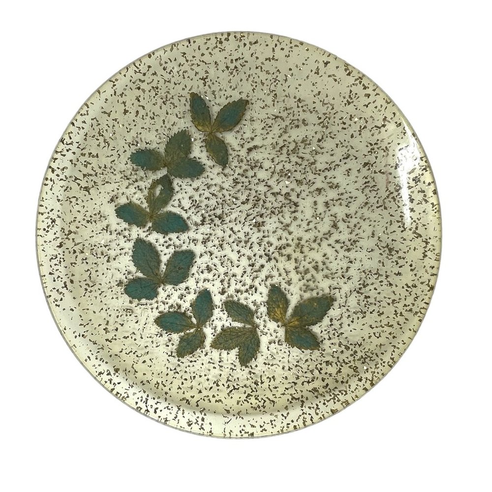 Vintage Lucite Turquoise Green Leaves and Gold Fleck Sparkle Dish Plate 60s 70s